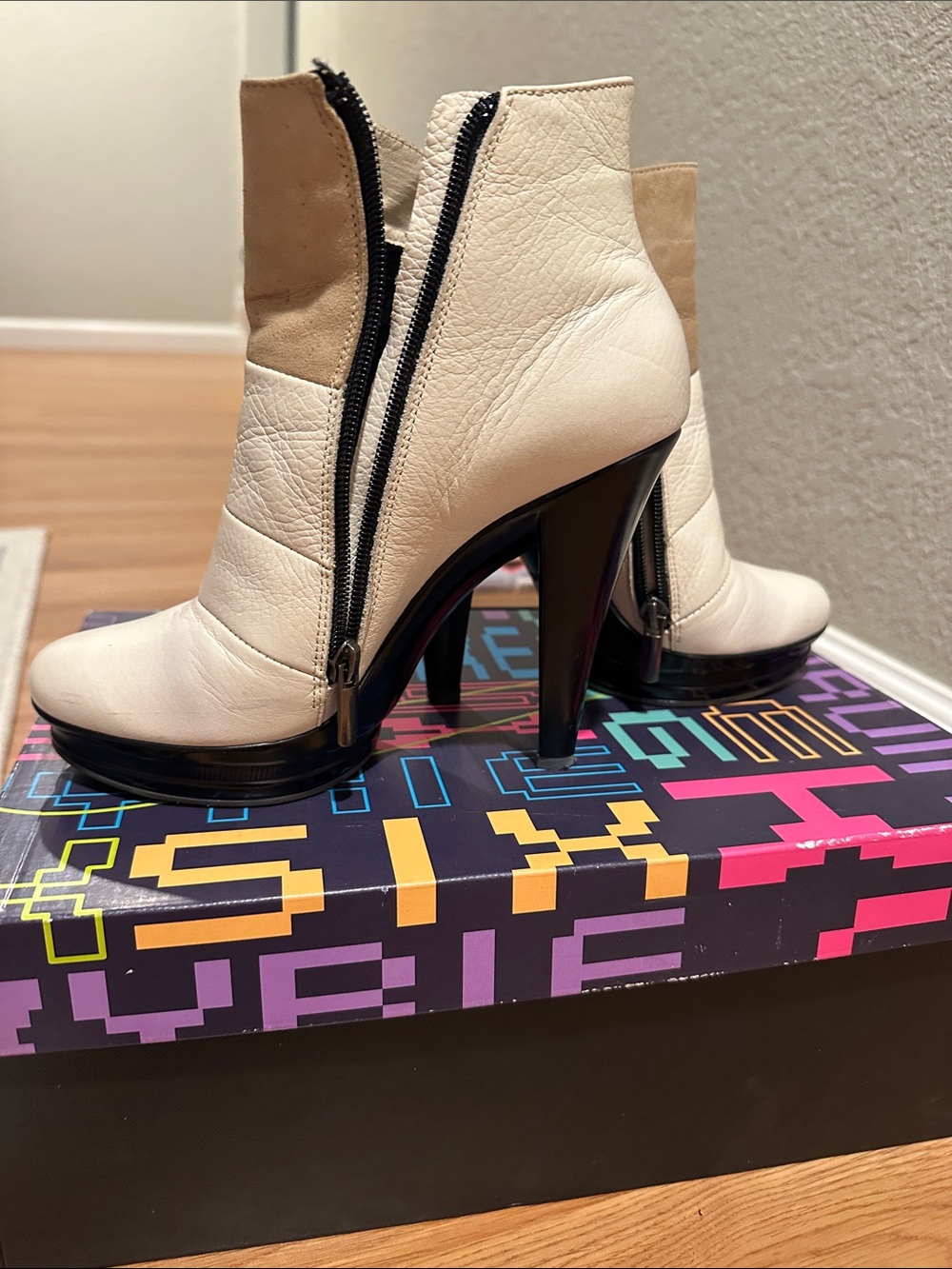 Cream Leather High-Heel Ankle Boots with Black Heel